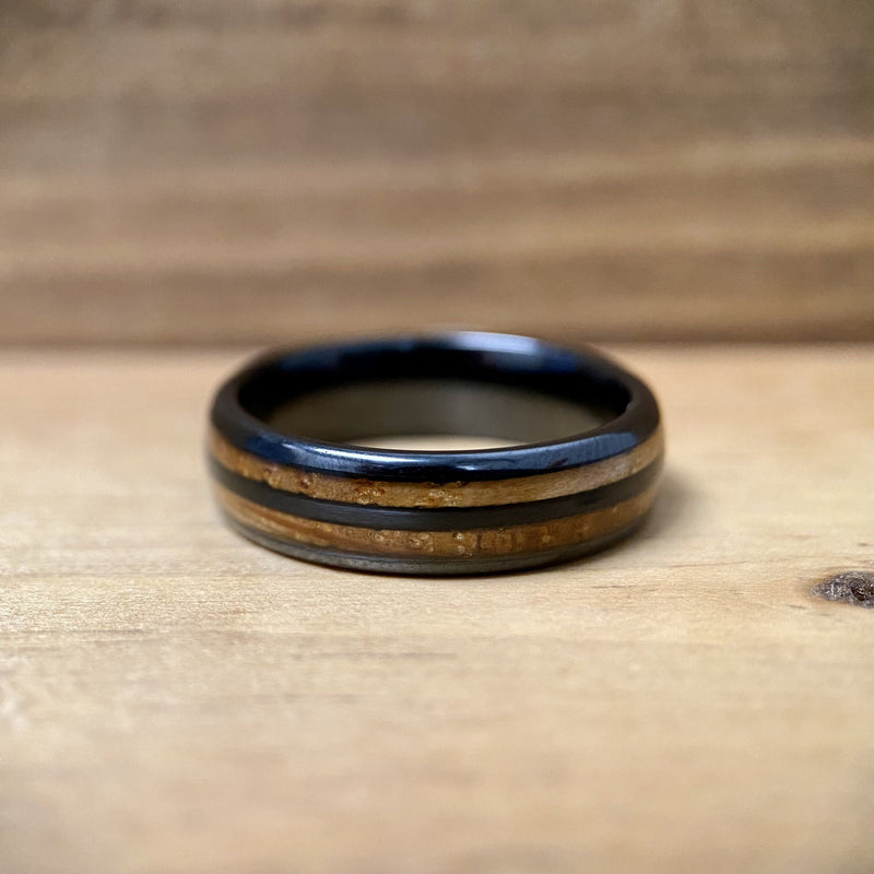 “The Blue Grass Mini” 6mm Kentucky Straight Bourbon Whiskey Barrel Black Ceramic Ring ALT Wedding Band BW James Jewelers 