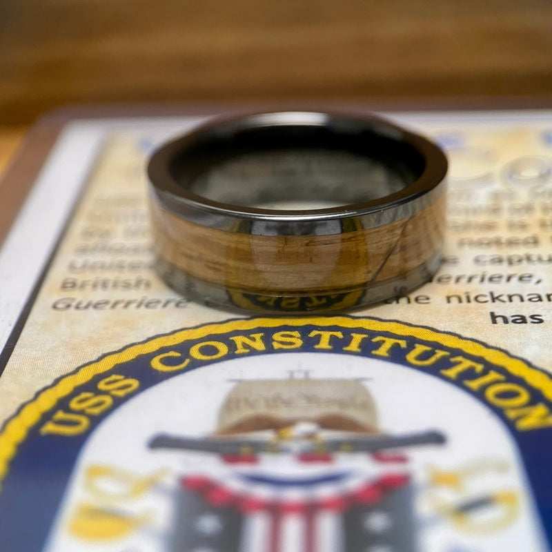 “Old Ironsides" 100% USA Made Black Ceramic Ring With Wood From USS Constitution Ship ALT Wedding Band BW James Jewelers 