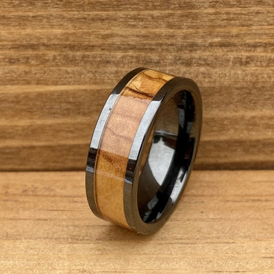 “The Holy Land” 100% USA Made Black Ceramic Ring With Olive Wood From Israel ALT Wedding Band BW James Jewelers 