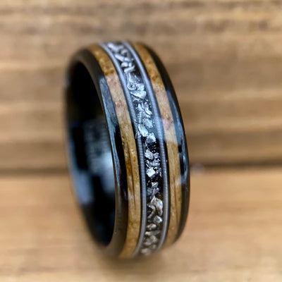 “The Space Cowboy” Kentucky Bourbon Whiskey Barrel Black Ceramic Ring With Guitar String And Meteorite ALT Wedding Band BW James Jewelers 
