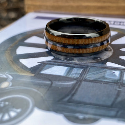 “The Motorist” 100% USA Made Black Ceramic Ring With Wood from A Model T Wheel Spoke ALT Wedding Band BW James Jewelers 