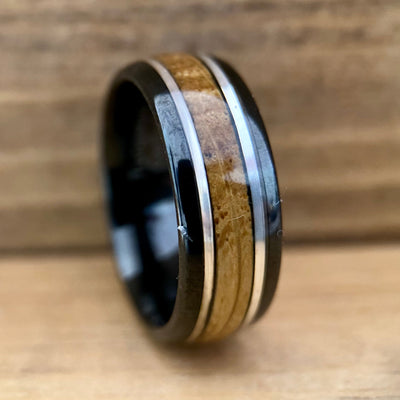 “The Ranger” Black Tungsten Ring With Reclaimed Bourbon Barrel And Real Sterling Silver Inlay - bourbonbarrelrings.com