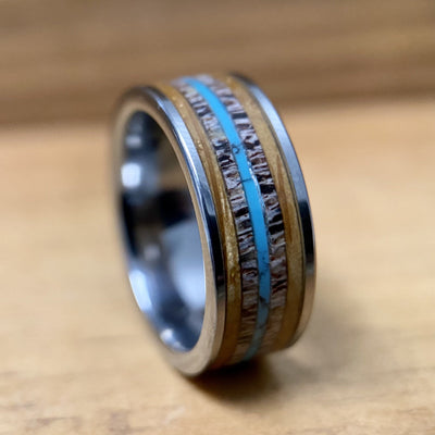 “The Westerner” Tungsten Ring With Reclaimed Bourbon Barrel, Antler and Turquoise ALT Wedding Band BW James Jewelers 