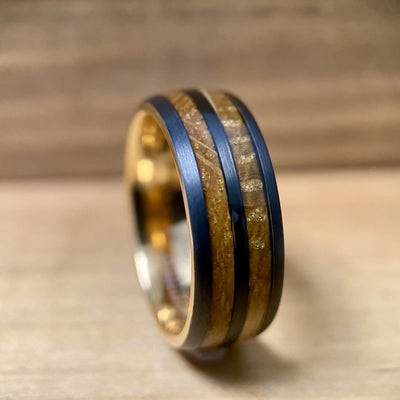 “The Whiskey” Tungsten Ring With Reclaimed Bourbon Whiskey Barrel Wood And Rose Gold Color ALT Wedding Band BW James Jewelers 