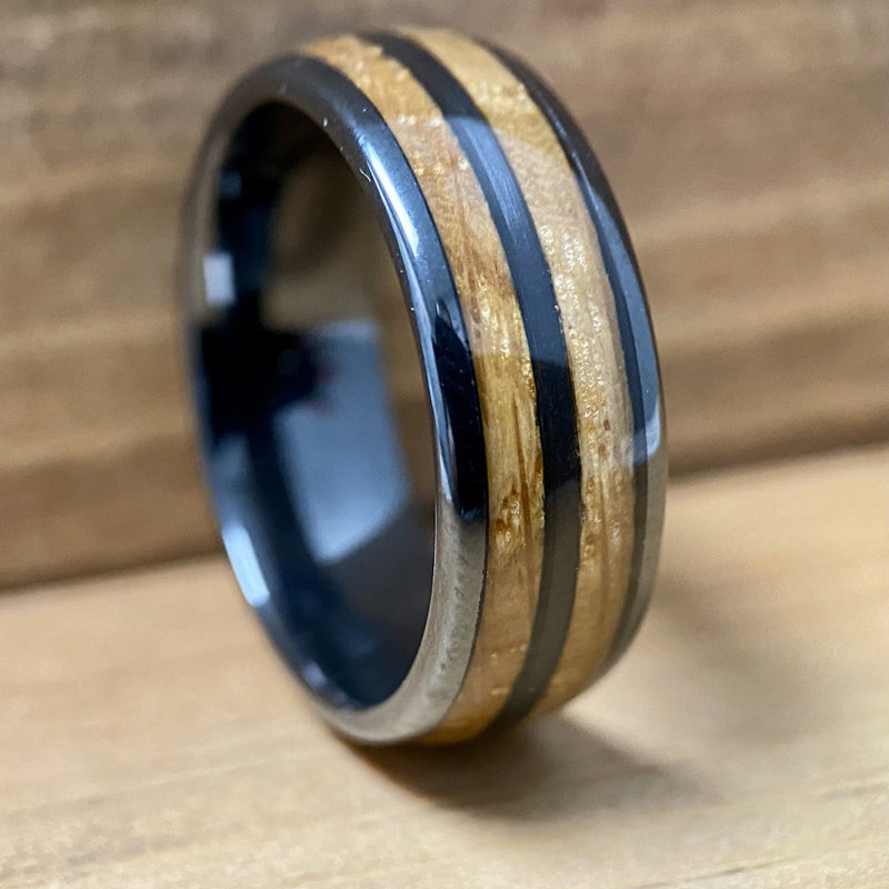 "The Blue Grass" Kentucky Straight Bourbon Whiskey Barrel Black Ceramic Ring ALT Wedding Band BW James Jewelers 
