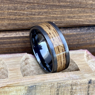 100% USA Made 8mm Black Diamond Ceramic Pipe Cut Band with Bourbon Barrel Inlay and Stone Finish Barrel Aged 