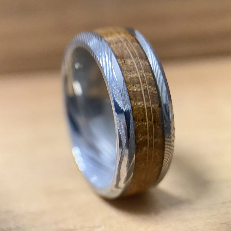 "The Rustic Warrior" Damascus Steel Design Ring With Wood From A Reclaimed Bourbon Whiskey Barrel Wedding Band BW James Jewelers 
