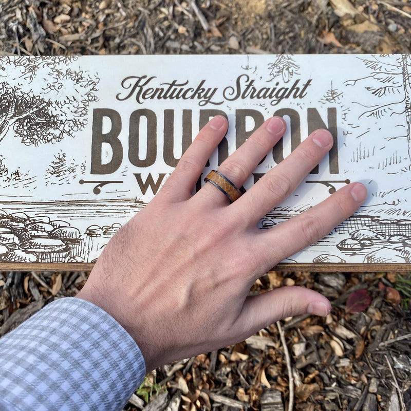 "The Lexington" 8mm Kentucky Straight Bourbon Barrel Inlay Ring Set In Solid Black Ceramic ALT Wedding Band BW James Jewelers 