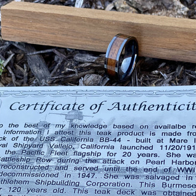 "The Battleship" 100% USA Made Black Ceramic Ring With Wood From The USS California ALT Wedding Band BW James Jewelers 
