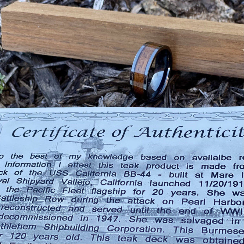 "The Battleship" 100% USA Made Black Ceramic Ring With Wood From The USS California ALT Wedding Band BW James Jewelers 