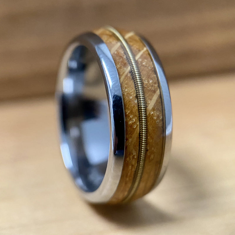 “The Guitar Player” Tungsten Ring With Reclaimed Whiskey Barrel And Guitar String BW James Jewelers 