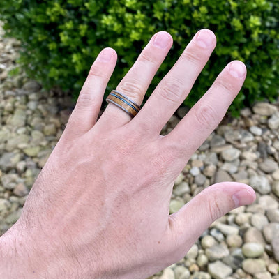 “The Tucson” Heavy Tungsten Ring With Reclaimed Bourbon Barrel And Turquoise ALT Wedding Band BW James Jewelers 
