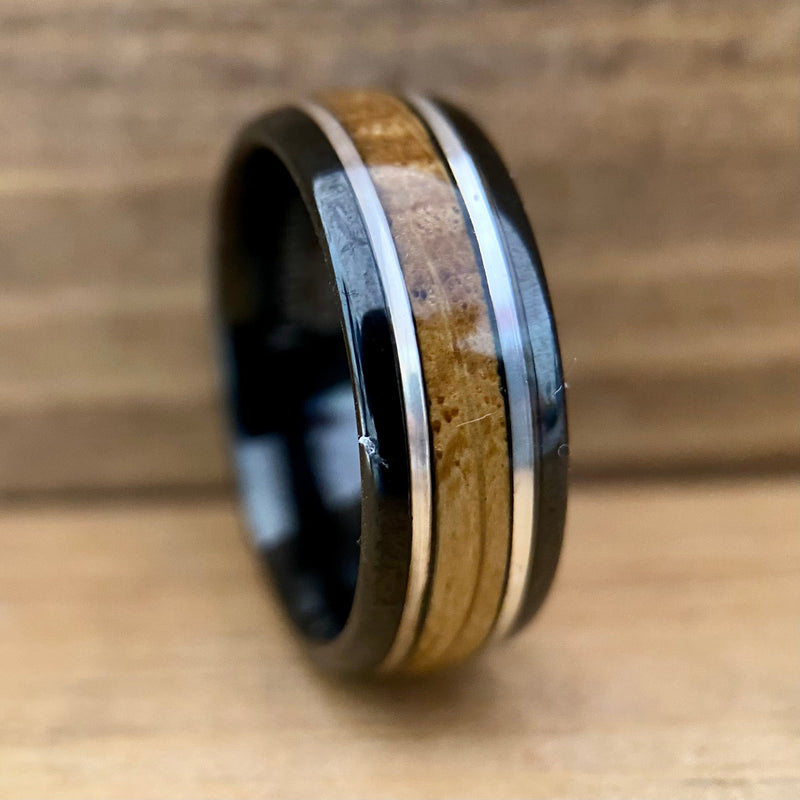 “The Ranger” Black Tungsten Ring With Reclaimed Bourbon Barrel And Real Sterling Silver Inlay - bourbonbarrelrings.com