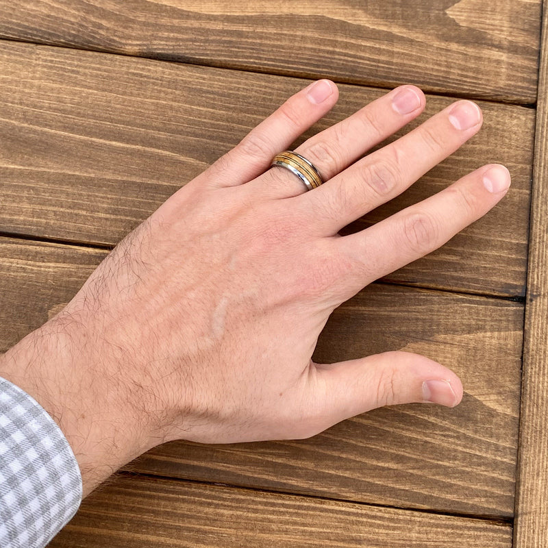 “ The Guitar Player” Tungsten Ring With Reclaimed Whiskey Barrel And Guitar String BW James Jewelers 