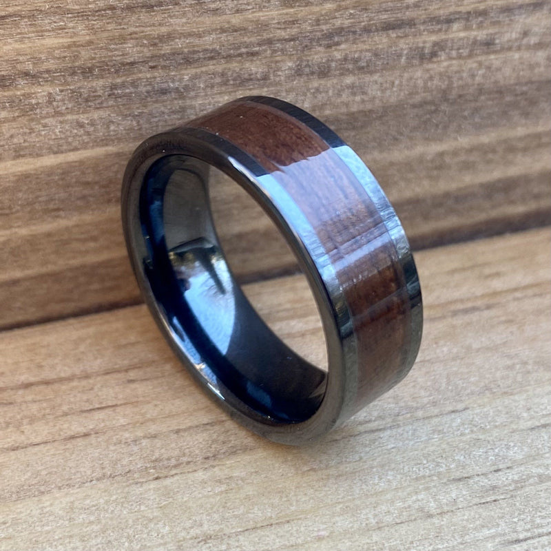 “The Sargent" 100% USA Made Black Ceramic Ring With Wood From A M1 Garand ALT Wedding Band BW James Jewelers 